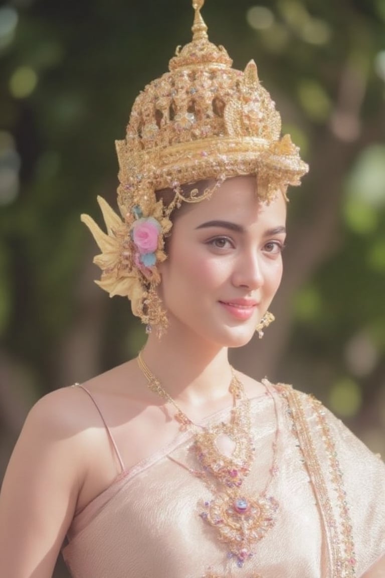 Portrait of a beautiful Thai woman Wearing a light pink Thai silk dress, embroidered and decorated with exquisite jewelry. and flower-patterned hair clips Her hair was neatly styled. And she smiled softly Eyes looking at the camera In a bright and elegant atmosphere Suitable for formal occasions or ceremonies.