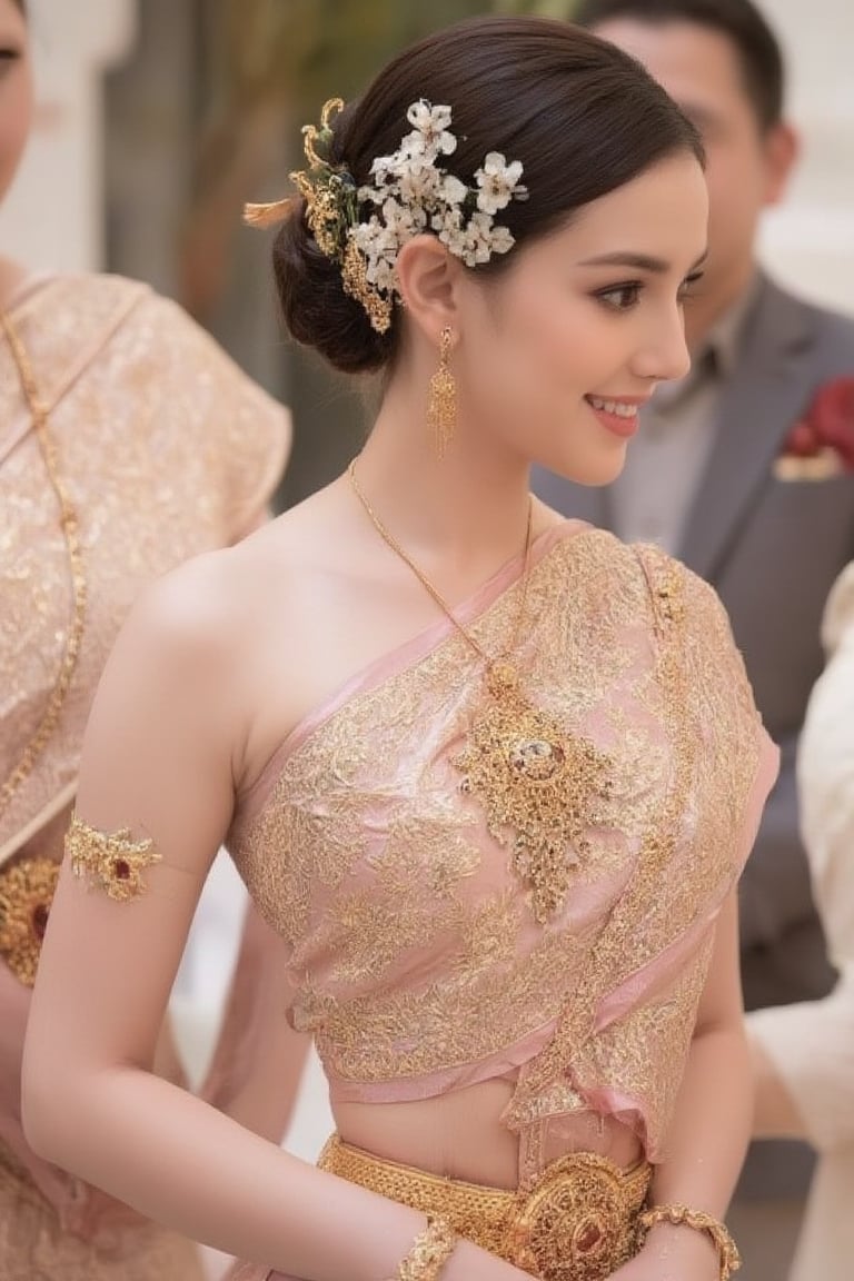 Portrait of A woman wearing a traditional Thai silk dress in soft pink and gold embroidery,  accessorized with gold jewelr...
