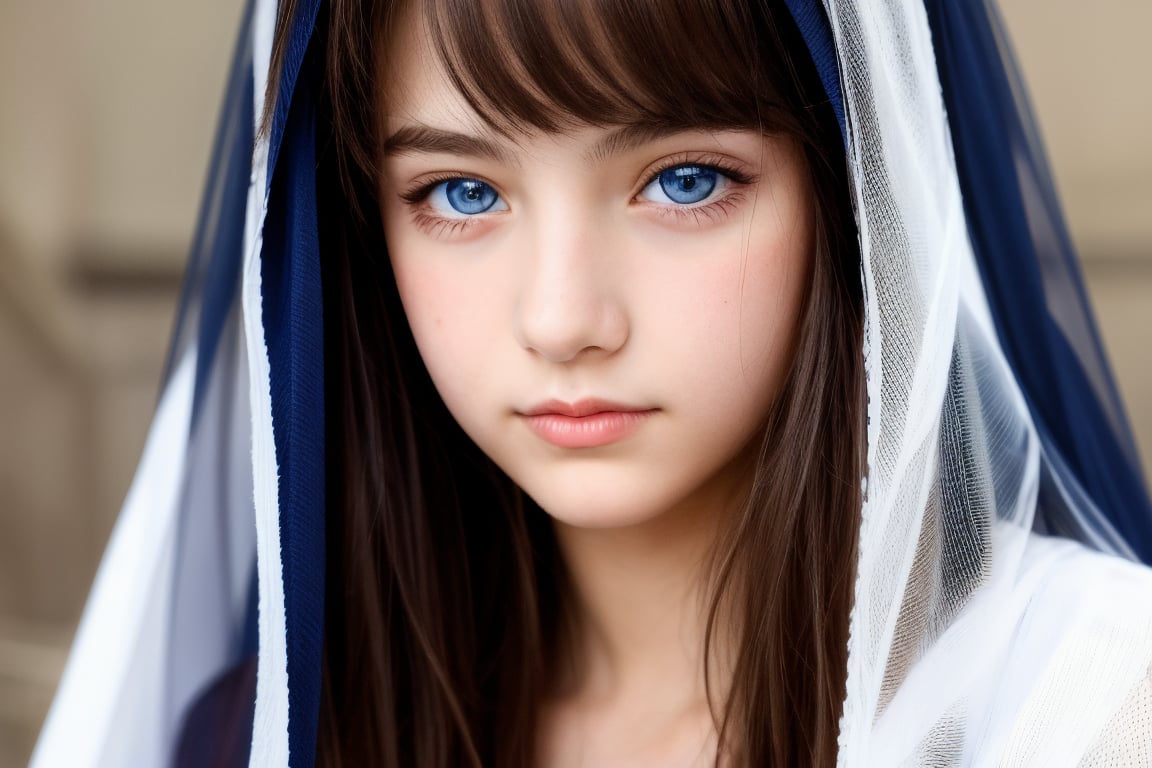 upper body view of a young european teenage girl, very cute, perfect eyes, wearing a veil