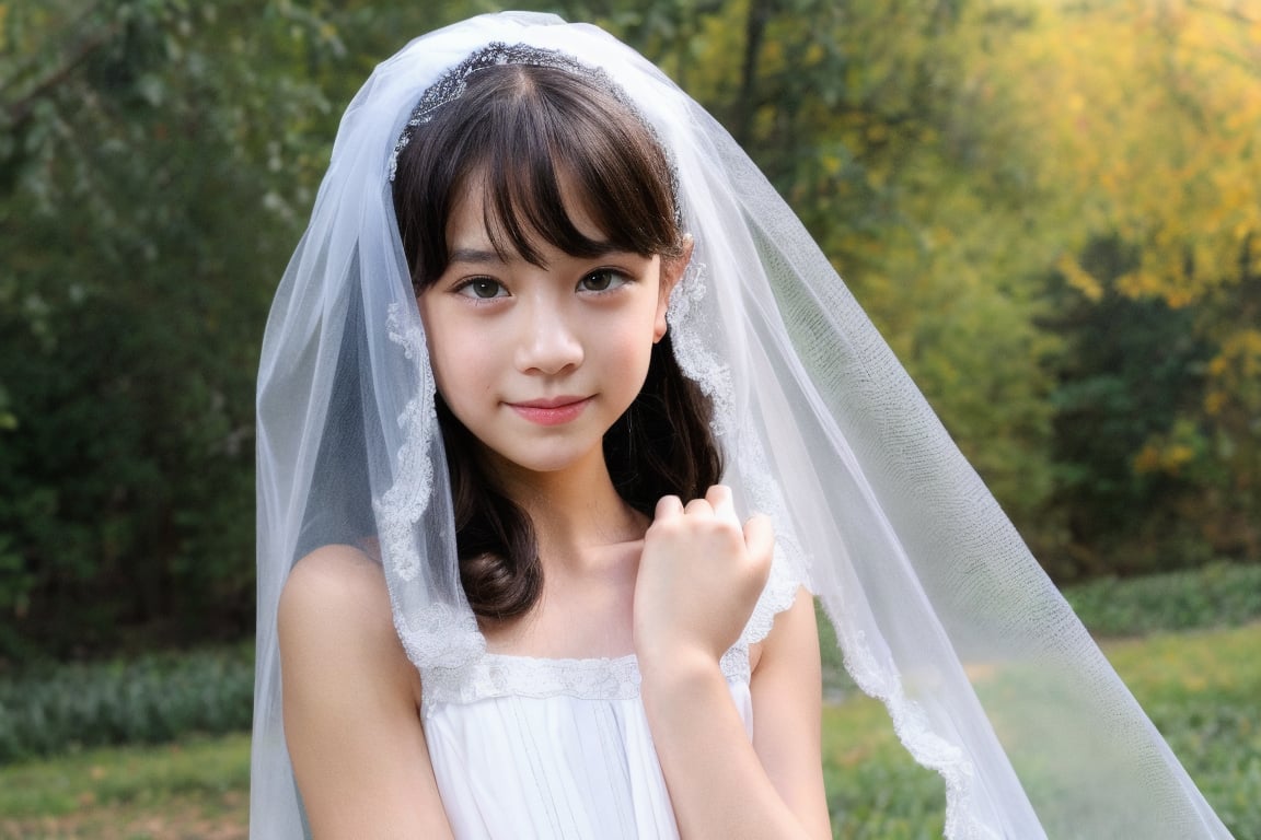 portrait of a skinny cute young little girl, wearing wedding veil, outdoor