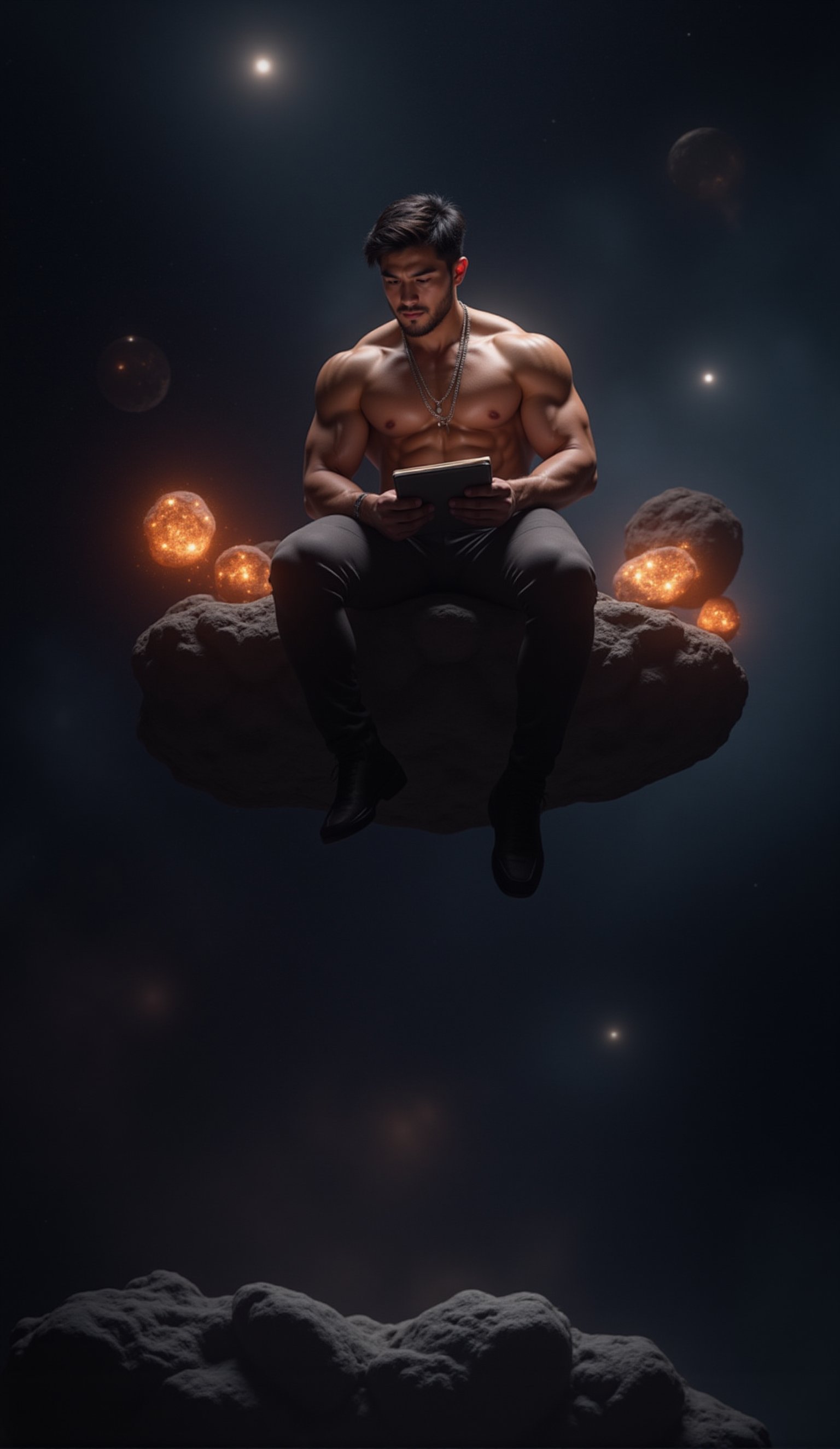 A full sexy body muscular programmer with a handsome face and tan skin, sporting short black hair and a clean-shaven face, undercut hairstyle, no beard, no facial hair ,masterpiece,best quality, sitting on a research platform floating in the middle of an asteroid belt. He is studying with a notebook, surrounded by several asteroids glowing with fiery auras. Dramatic lighting from distant stars and planets illuminates the scene, casting deep shadows on the suit. The young man looks confident and determined, looking at the vast and mysterious universe with wonder and respect,facial hair, cowboy shot,