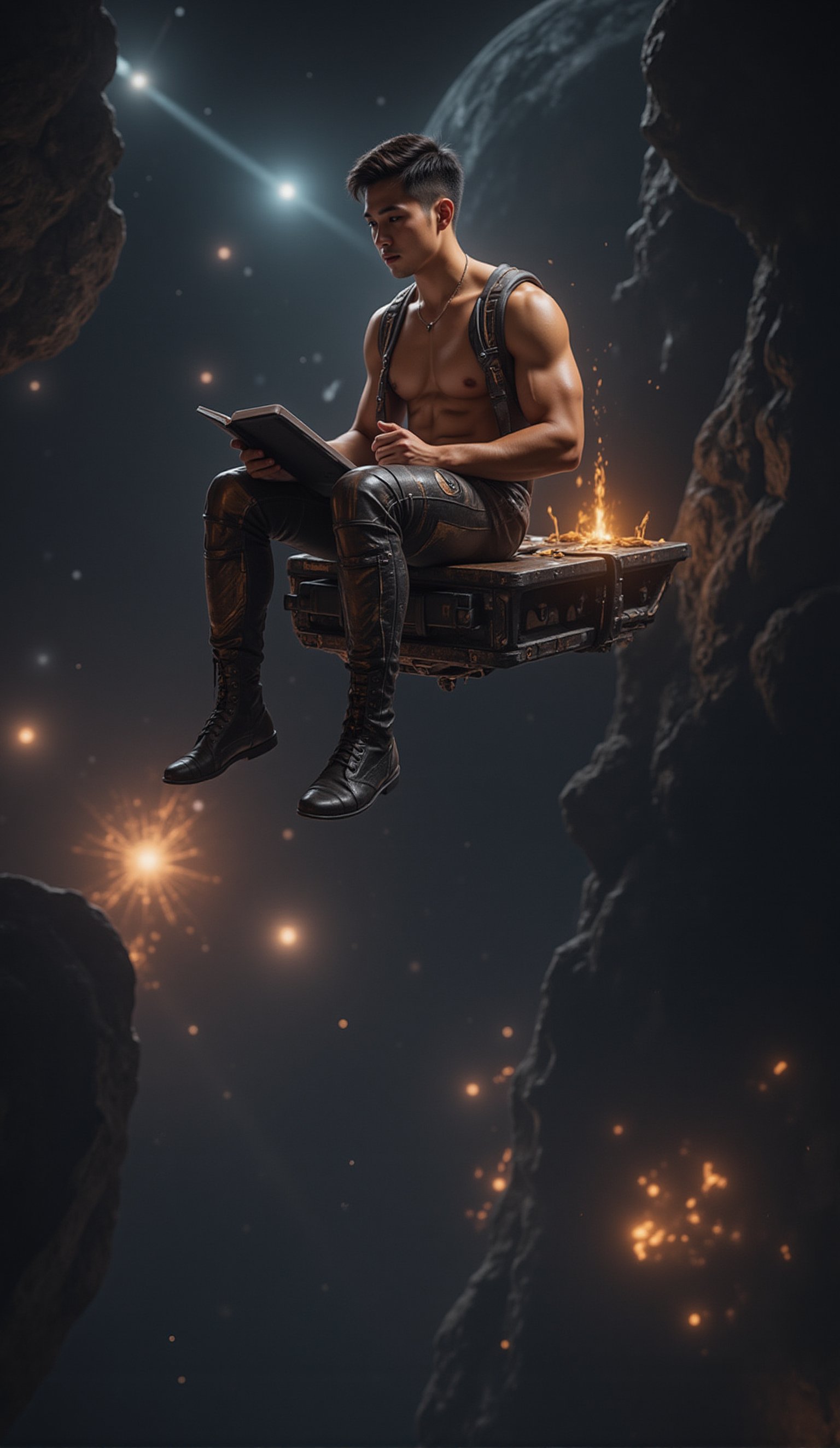 A full sexy body muscular programmer with a handsome face and tan skin, sporting short black hair and a clean-shaven face, undercut hairstyle, no beard, no facial hair ,masterpiece,best quality, sitting on a research platform floating in the middle of an asteroid belt. He is studying with a notebook, surrounded by several asteroids glowing with fiery auras. Dramatic lighting from distant stars and planets illuminates the scene, casting deep shadows on the suit. The young man looks confident and determined, looking at the vast and mysterious universe with wonder and respect,facial hair, cowboy shot,