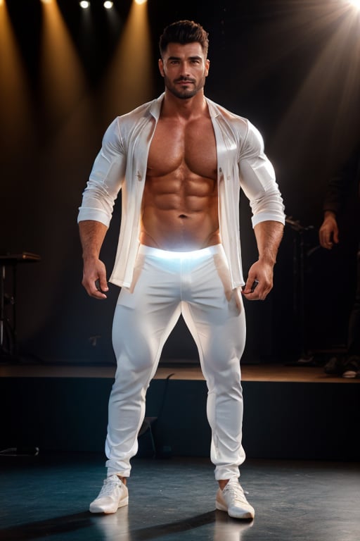 best quality, 8k, 1man, (front Photo), shiny skin, facial hair, standing on stage, wearing loose white transparent clothes masterpiece, highly detailed face and skin, realistic, mature, stubble, muscular, huge pecs, handsome, male focus, light particles, rim light, Use light to shine through clothes to reveal muscle contours, full body,