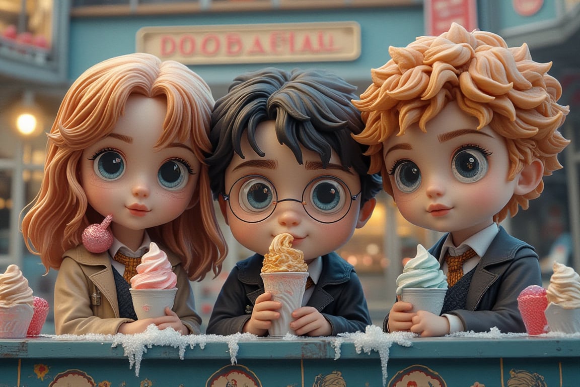 This is a super high-definition photo of Hermione Granger、Harry Potter with glasses and Ron Weasley. has been turned into a "Kaiyodo" style figure in a super deformed style! They eat ice cream! The background is Florean Fortescue's Ice-Cream Parlour.