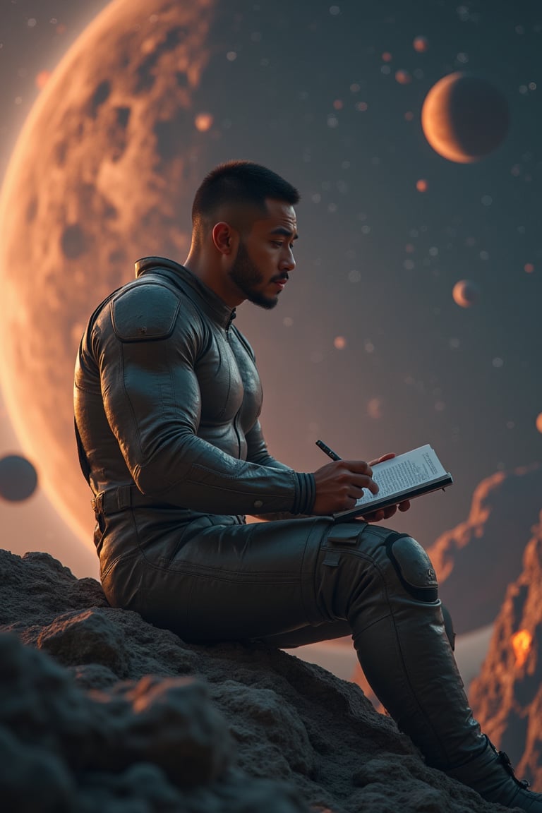 A full sexy body muscular programmer with a handsome face and tan skin, sporting short black hair and a clean-shaven face, undercut hairstyle, no beard, no facial hair ,masterpiece,best quality, sitting on a research platform floating in the middle of an asteroid belt. He is studying with a notebook, surrounded by several asteroids glowing with fiery auras. Dramatic lighting from distant stars and planets illuminates the scene, casting deep shadows on the suit. The young man looks confident and determined, looking at the vast and mysterious universe with wonder and respect,facial hair, cowboy shot,