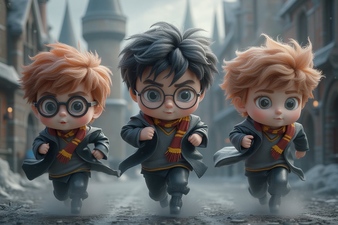 This is a super high-definition photo of "Harry Potter with glasses" and "Hermione Granger" and "Ron Weasley". has been turned into a "Kaiyodo" style figure in a super deformed style! They are running! The background is Hogwarts School.