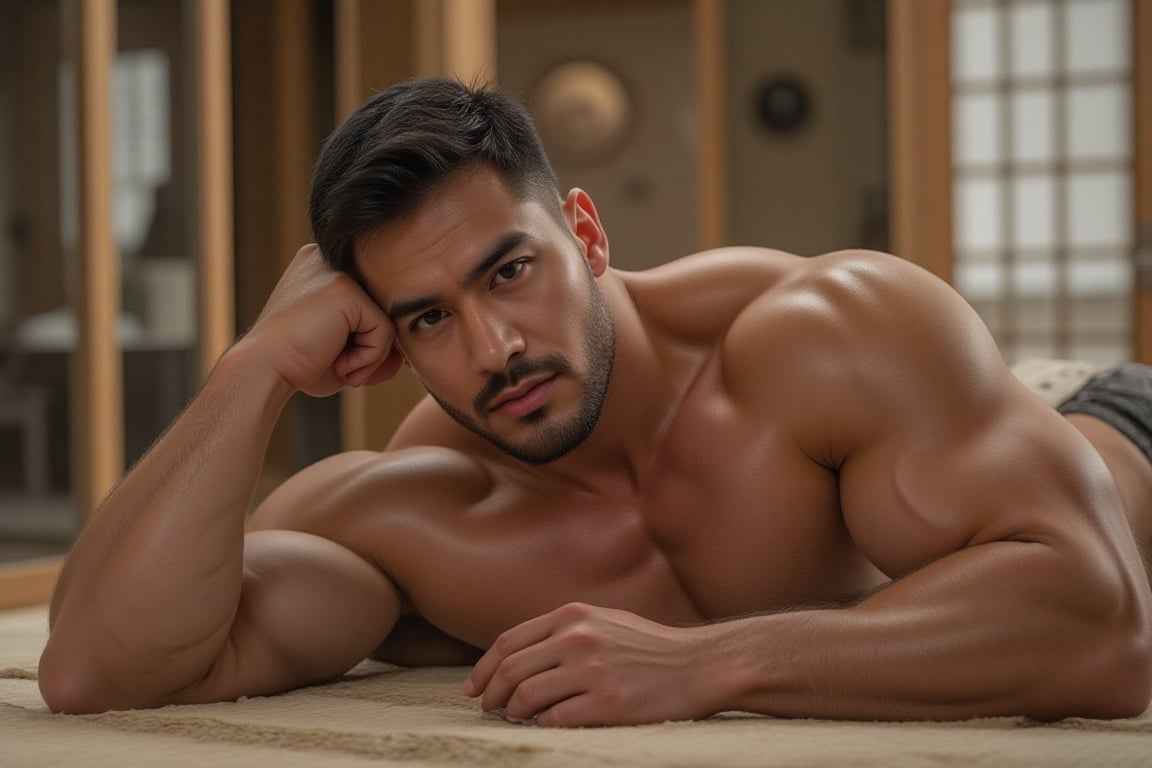 A full sexy body muscular man with a handsome face and tan skin, sporting short black hair and a clean-shaven face, undercut hairstyle, no beard, is lying on his side on a tatami mat in a traditional Japanese room, with his left hand supporting his cheek. The image showcases his big pectorals and is rendered in 8k photorealistic quality, RAW photo, with best quality enhancement at 1.4.