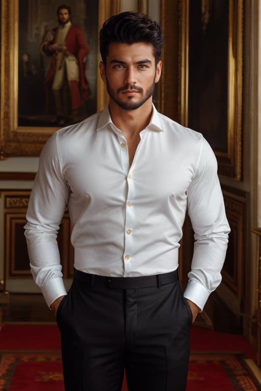 a handsome male, king of skarland, ((detalied face)), ((detalied eyes)), painting, Intricate, Sharp focus, dramatic, portrait, elegant suite pants, elegant shirt, muscular, short beard, royal palace hall background, professional,