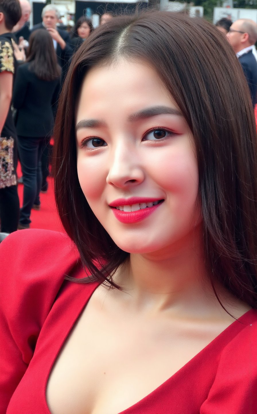 A highly detailed upper-body half portrait photgraph of a woman of asian descent having pale skin,  posing for the camera...