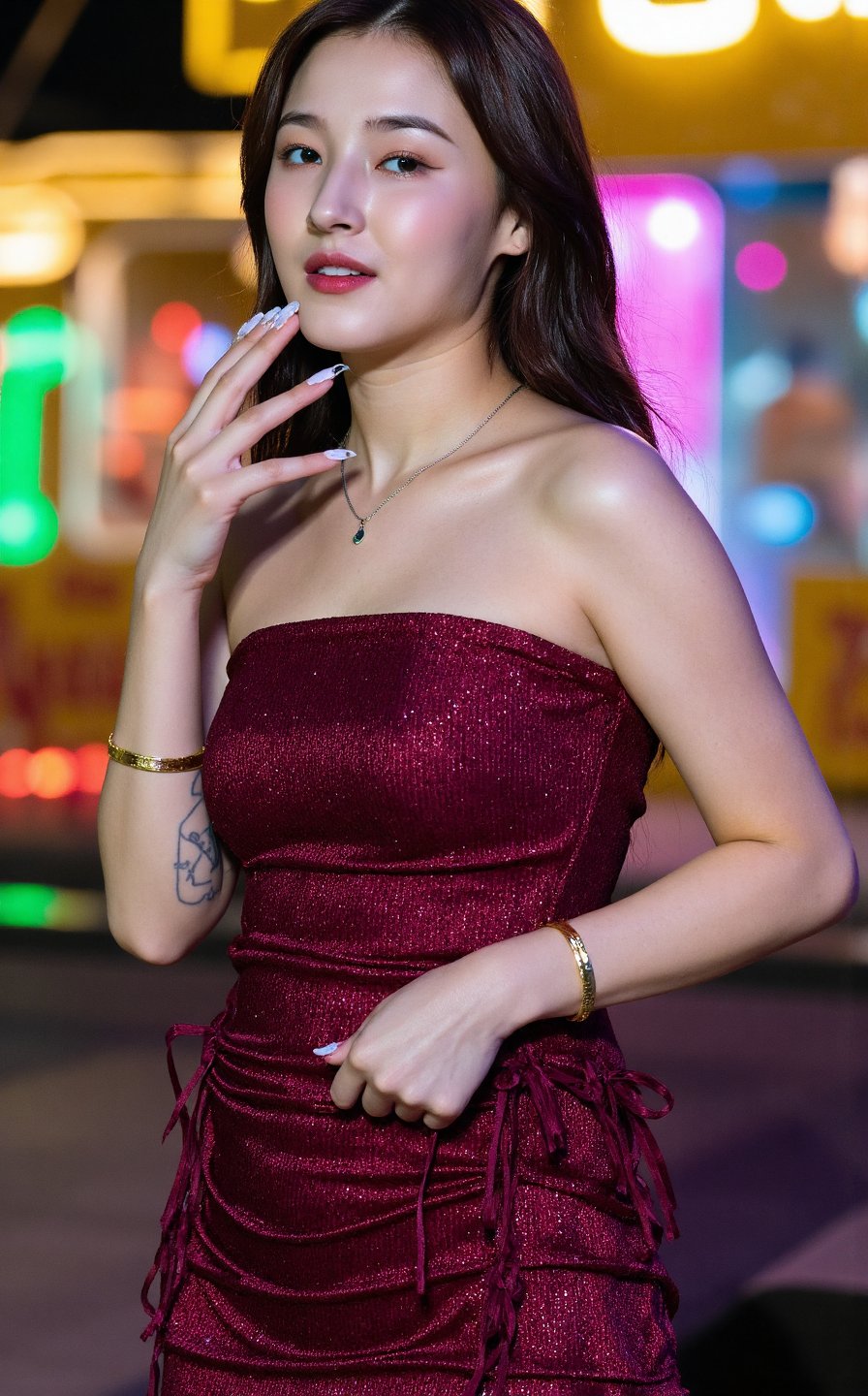 A highly detailed upper-body half photgraph of a woman of asian descent having pale skin,  dressed in a sparkling deep red...