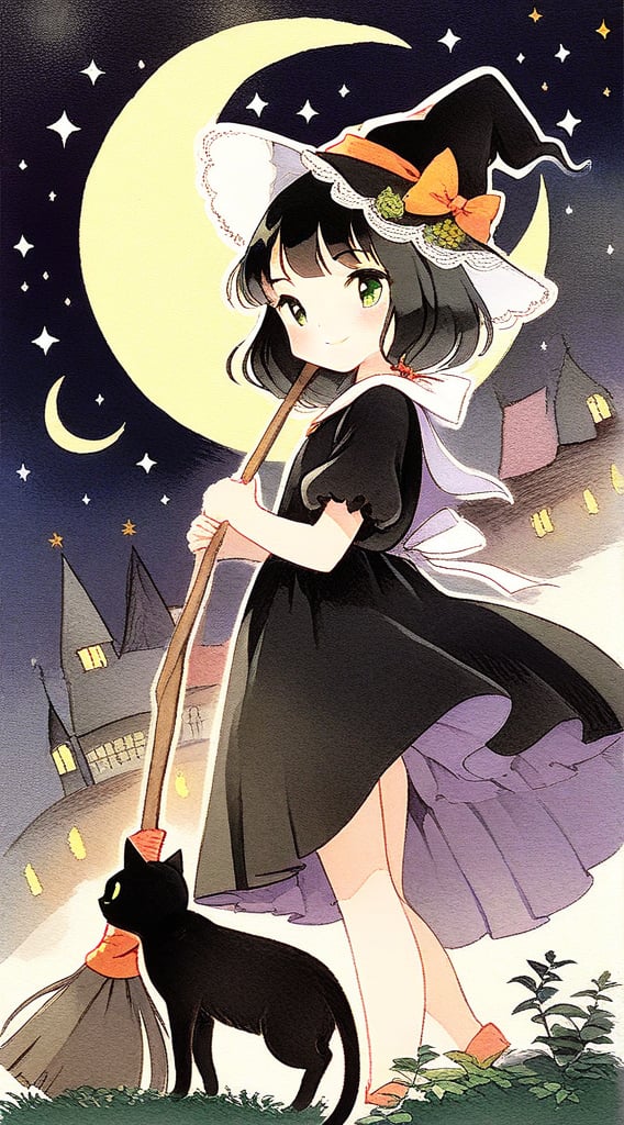 cat, 1girl, witch, black dress, cute girl, witch_girl, holding object, broom, night background, crescent, black cat, ketten, smile, green eyes, art by naoko takeuchi