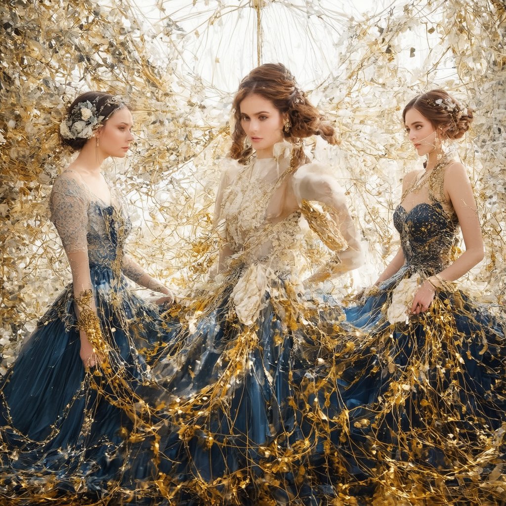 Three women gracefully woven into independent, beautiful tapestries, each adorned with strands of silk, gold, and thread, symbolizing the intricate details of their lives. The scene is beautifully shot in hyperrealistic detail, capturing every nuance with 64 megapixels. Perfect composition in HDR, with soft yet sharp textures and complex focus. Volumetric lighting enhances the antique style, creating a timeless, ethereal atmosphere.