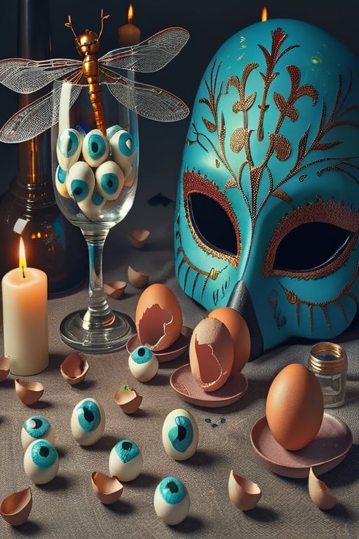 Dia De Los Muertos theme, Blue eye mask, long steamed wine glass filled with various eyebals, dead dragonflies, empty egg shells, burning candles on a clothed alter