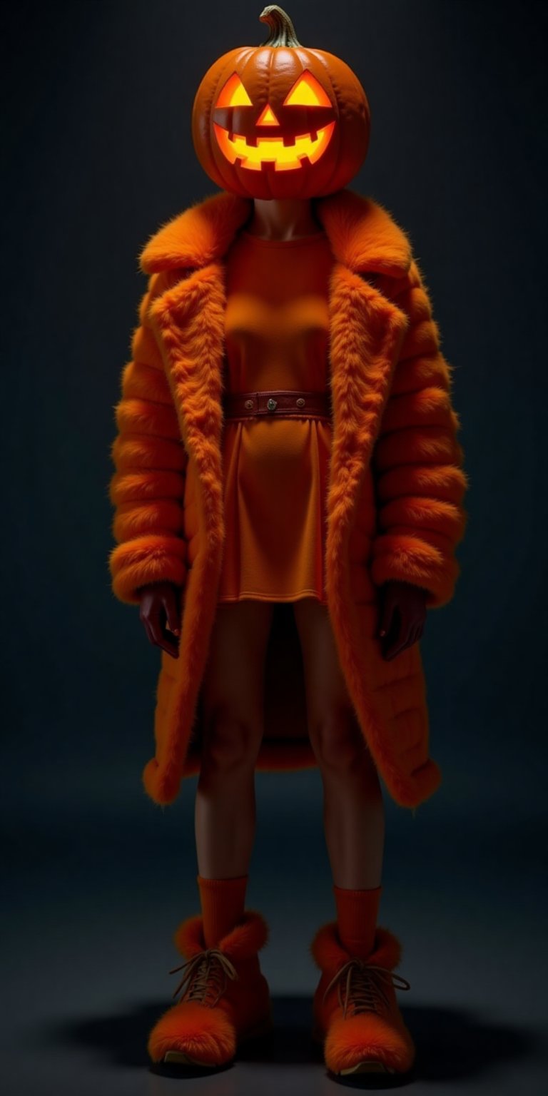 A cinematic-style photo of a top mode, a japanese girl with pumpkin head, wearing a designer outfit future jumper, entirely made of fluffy molds in vibrant saturated colors. The outfit includes a jacket, a dress, and gloves. The model is standing against a plain dark background. The lighting is dramatic, with a spotlight on the model. The image is professionally color-graded and taken with a top-quality DSLR camera. The photo has high contrast, is 16k, and has intricate sharp details. The colors are ultra high saturation