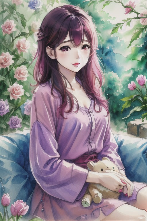 A transparent washed loose watercolor painting in Makoto Shinkai style,  featuring a pretty Korean cute lady with gloss sk...