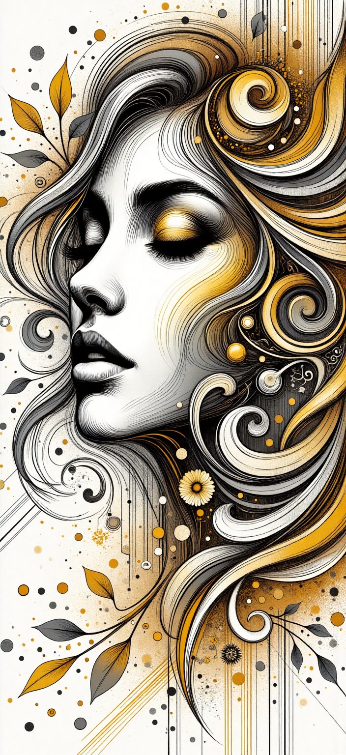 Vibrant,  intricately designed calligraphy style "black and white image of a Beautiful 20 year old Girl" shape in a dynami...