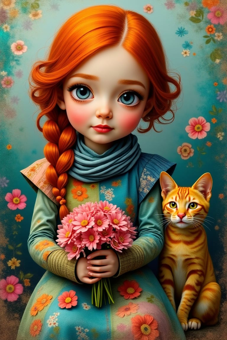 A whimsical young girl with rosy cheeks and vibrant red hair is the central figure. She's adorned in a dress, a patchwork of various patterns and colors, including shades of blue, green, and orange. A striped scarf wraps around her neck, adding to her colorful ensemble. In her hands, she holds a bouquet of flowers Beside the girl, a cat with striking yellow eyes sits attentively. The background is a riot of colors and shapes, an abstract tapestry --ar 2:3 --personalize ke2pk3s --v 6.1