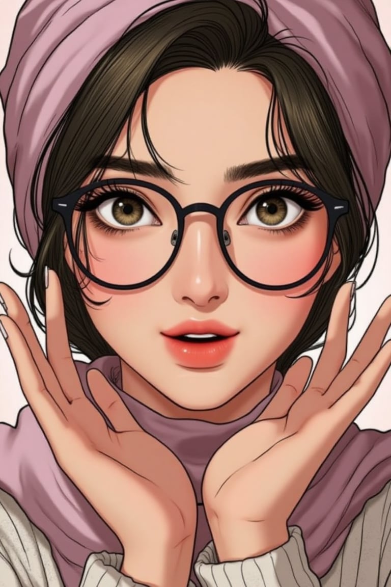 Macro close-up of Hanna, a pretty lady wearing a hijabi turban, glasses, and pink lips. She has a charming smile and gestures hand hello with a weird, funny smile. Anime style, capturing her face and expression in detail. She blows love from her two hands, looking elegant and stylish in her pose.