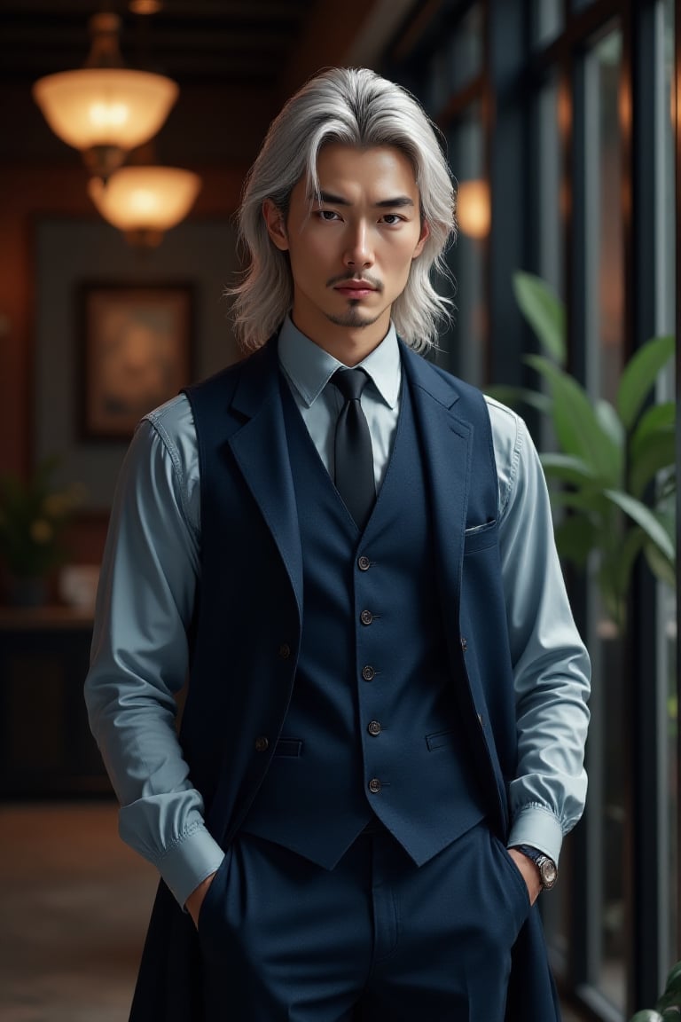 A handsome muscular Korean man Hongdoe-style,  he wearing dark blue vest suit,  stand beside the exclusive hotel office by...