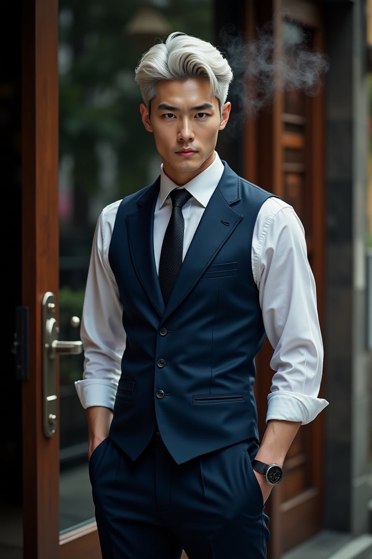 A handsome muscular Korean man Hongdoe-style,  he wearing dark blue vest suit,  stand beside the exclusive hotel office by...