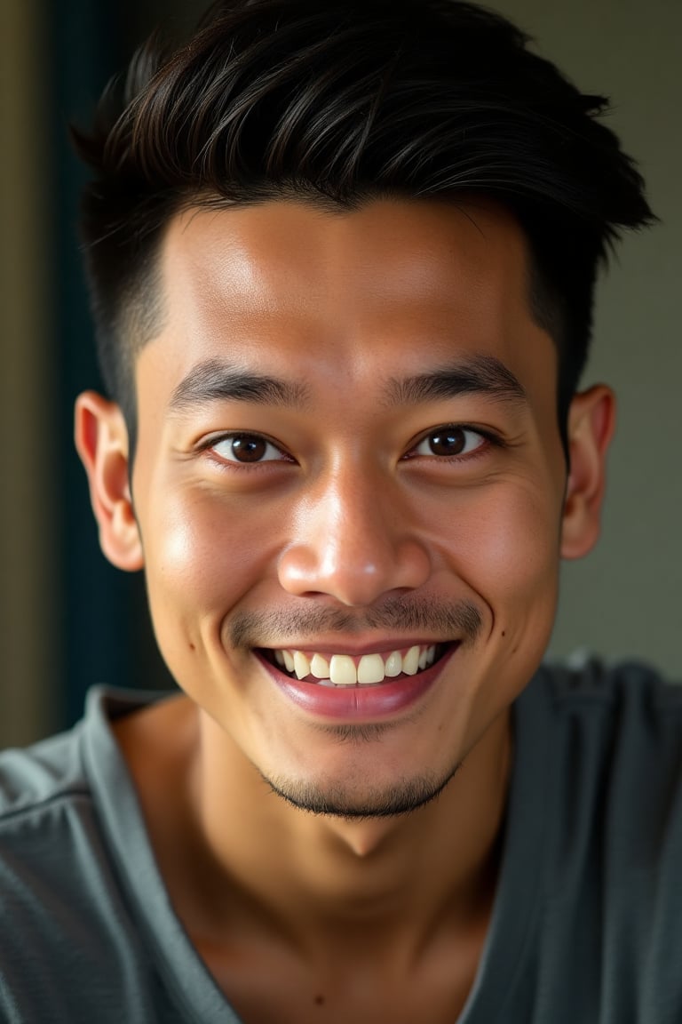 Hyper-realistic HDR 100k mikro close-up photo of a 30-40-year-old handsome Asian man, vertical framing, dynamic pose. He gazes directly at the camera with a charming smile, showcasing his nice face. The lighting is soft and highlights his features, creating a warm and inviting atmosphere.