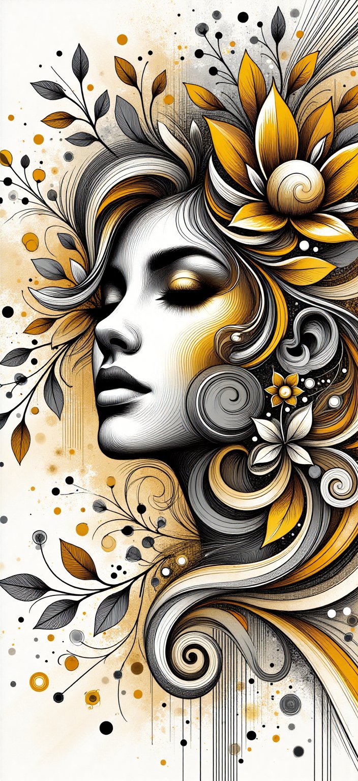 Vibrant,  intricately designed calligraphy style "black and white image of a Beautiful 20 year old Girl" shape in a dynami...