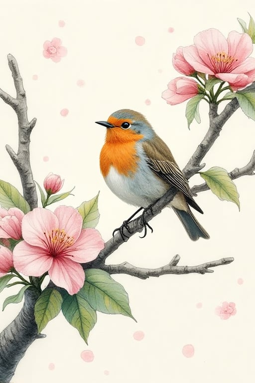 
A delicate robin perched on a blooming tree branch, surrounded by lush green leaves and vibrant pink cherry blossoms, as soft, feathery brushstrokes and gentle color blending evoke the dreamy, ethereal quality of watercolor, reminiscent of the whimsical style of Beatrix Potter, the delicate petals and subtle color palette of Elizabeth Blackwell, and the loose, expressive strokes of Charles Rennie Mackintosh