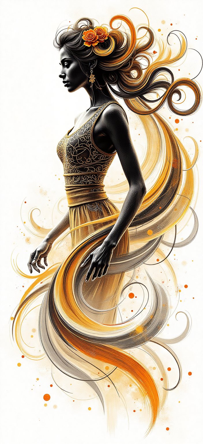 Vibrant,  intricately designed calligraphy style "black and white image of a Beautiful 20 year old Girl" shape in a dynami...