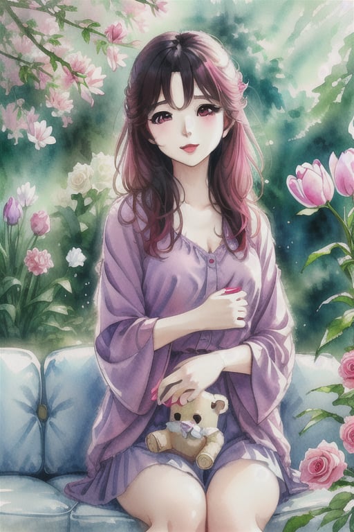 A transparent washed loose watercolor painting in Makoto Shinkai style,  featuring a pretty Korean cute lady with gloss sk...