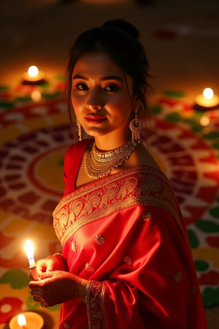 A hyperrealistic photograph of a beautiful Asian Malay woman in a red sari with intricate gold embroidery, standing in the warm glow of an oil lamp on Diwali night. She looks directly at the viewer with a gentle, warm expression, surrounded by a vibrant, colorful rangoli design on the ground and small glowing candles. Her hands are adorned with detailed mehendi, and she wears glittering gold jewelry, including large earrings reflecting soft light. Her light-toned skin glows with the interplay of light and shadow, creating a mystical, romantic ambiance.