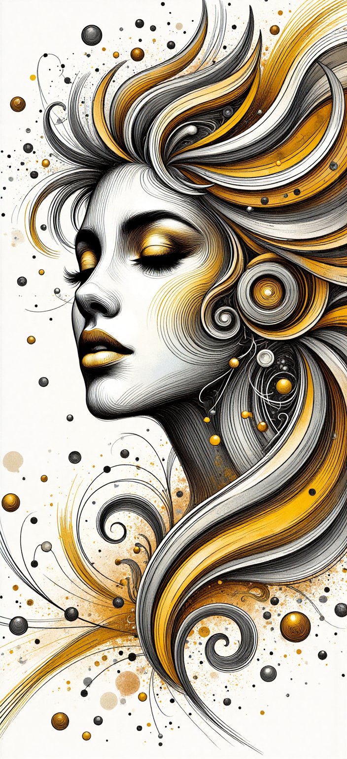 Vibrant,  intricately designed calligraphy style "black and white image of a Beautiful 20 year old Girl" shape in a dynami...