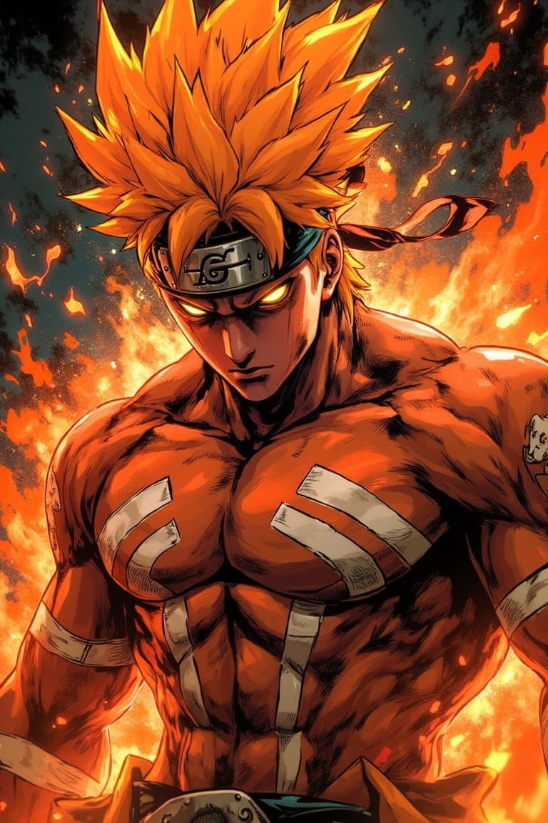 A muscular Naruto Shipuden character with orange spiky hair and glowing neon eyes, exuding fiery, intense energy. Orange martial art patterns cover their skin, including white stripes across face, arms, and torso. Fierce, focused expression, staring downward in a battle-ready stance. Fiery elements and embers swirl around, enhancing the dramatic atmosphere. Surrounded by a dark, cosmic background, adding to their powerful, mystical presence.