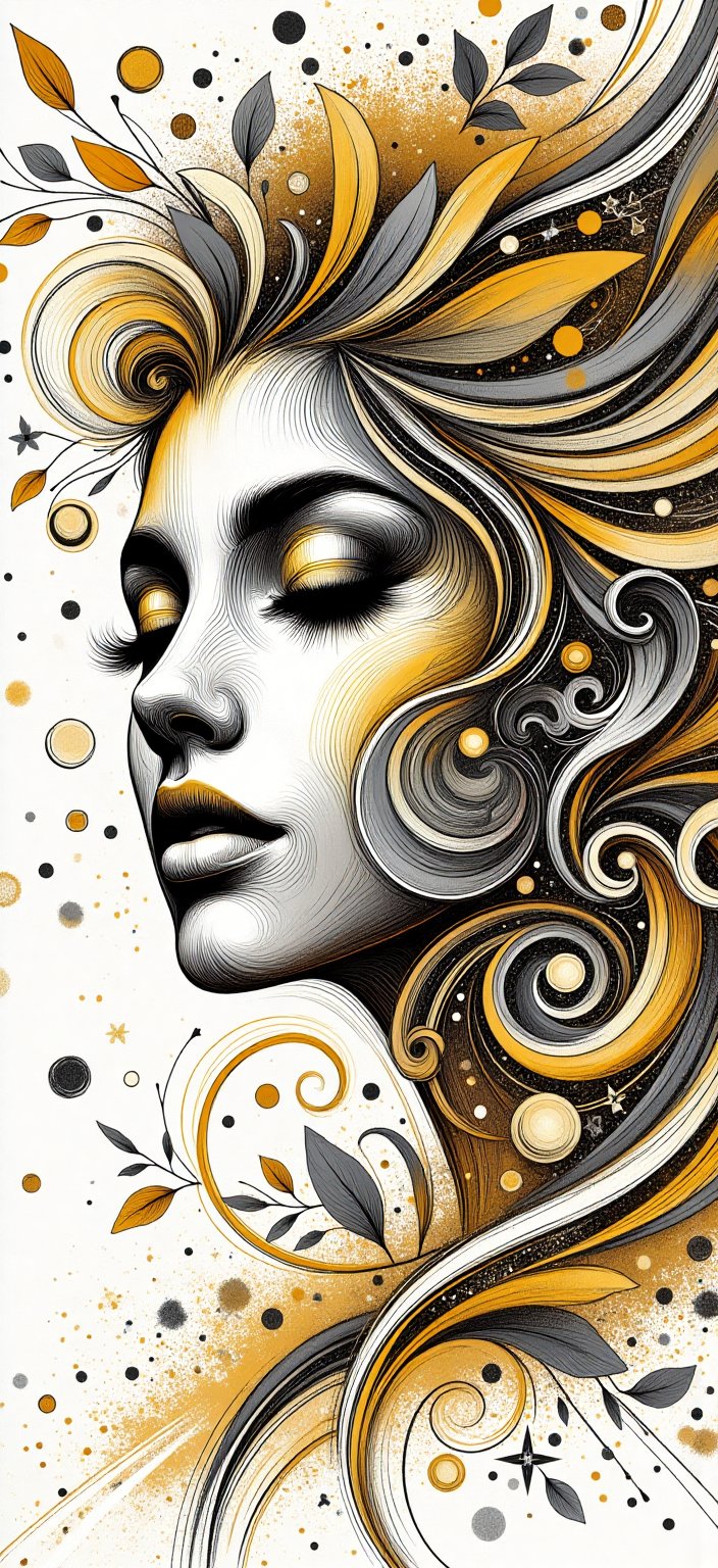 Vibrant,  intricately designed calligraphy style "black and white image of a Beautiful 20 year old Girl" shape in a dynami...