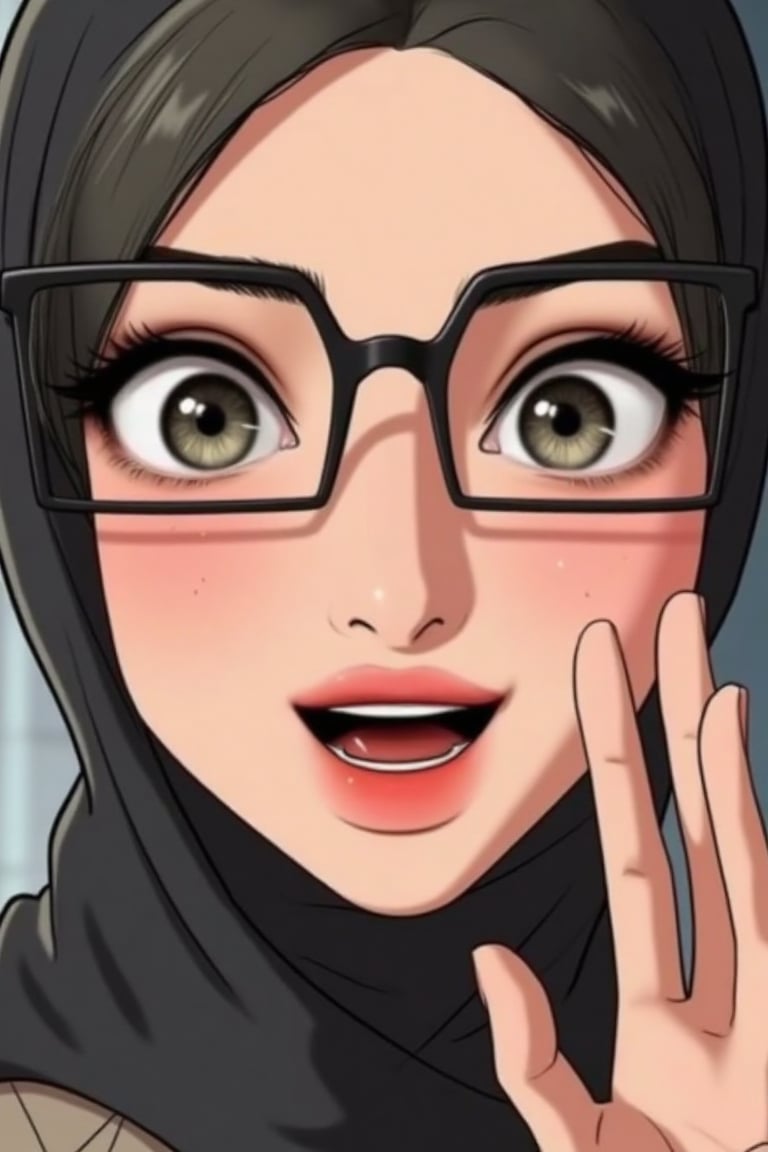 Macro close-up of Hanna, a pretty lady wearing a hijabi turban, glasses, and pink lips. She has a charming smile and gestures hand hello with a weird, funny smile. Anime style, capturing her face and expression in detail.