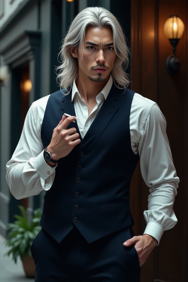 A handsome muscular Korean man Hongdoe-style,  he wearing dark blue vest suit,  stand beside the exclusive hotel office by...