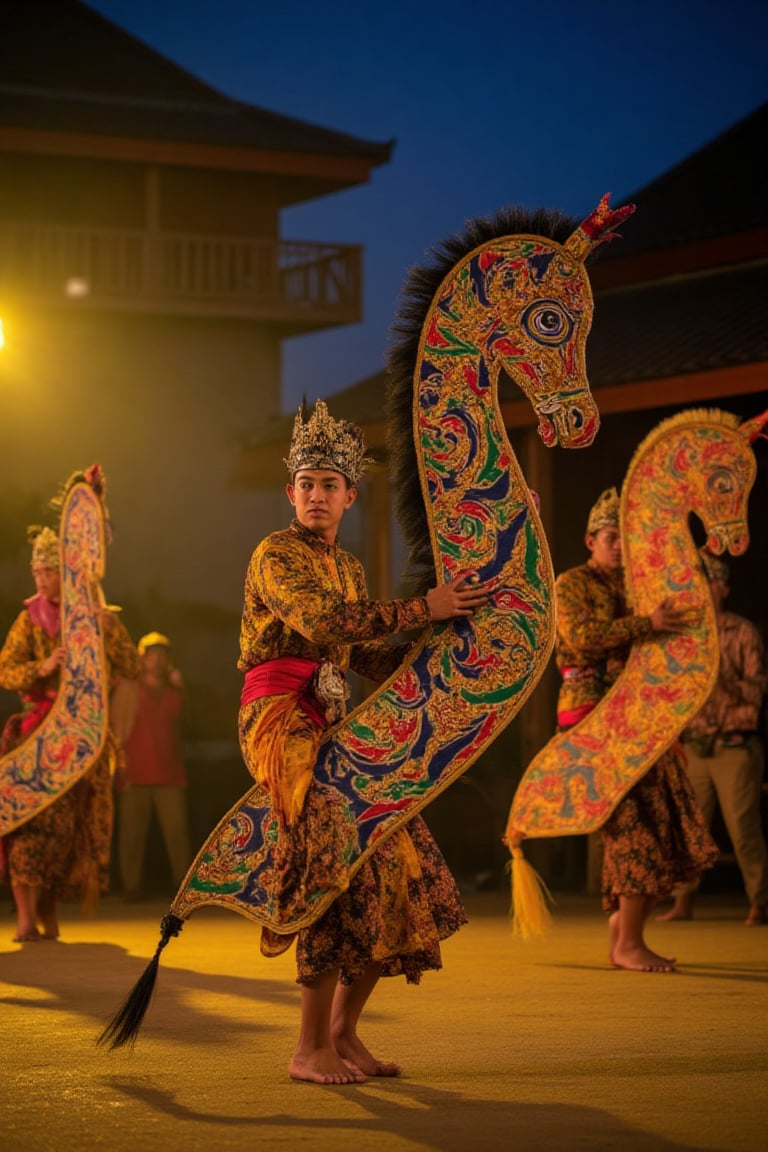 A vibrant scene of Kuda Kepang dance in Johor, featuring dancers in traditional attire riding colorful, woven bamboo horses with upright ears and bold eyes. The horses are intricately decorated, set against a backdrop of traditional architecture. The dancers move rhythmically to the beat of drums, creating an energetic and mystical atmosphere. The scene is well-lit with warm, ambient light, capturing the dynamic movements and vivid colors. The composition focuses on the dancers and their horses, framed to highlight the cultural richness and lively performance.