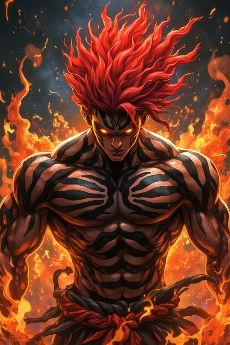 A muscular character with red spiky hair and glowing orange eyes, exuding fiery, intense energy. Intricate black tribal patterns cover their skin, including stripes across face, arms, and torso. Fierce, focused expression, staring downward in a battle-ready stance. Fiery elements and embers swirl around, enhancing the dramatic atmosphere. Surrounded by a dark, cosmic background, adding to their powerful, mystical presence.