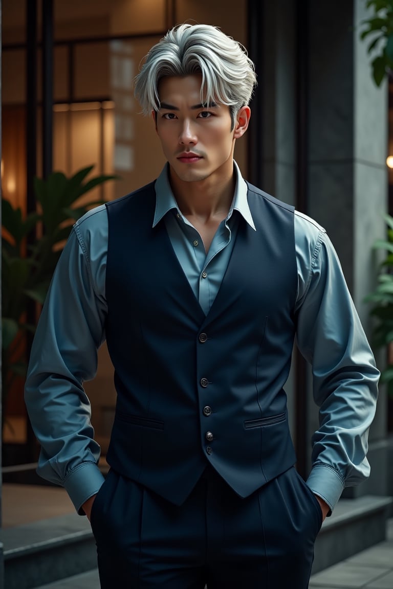 A handsome muscular Korean man Hongdoe-style,  he wearing dark blue vest suit,  stand beside the exclusive hotel office by...