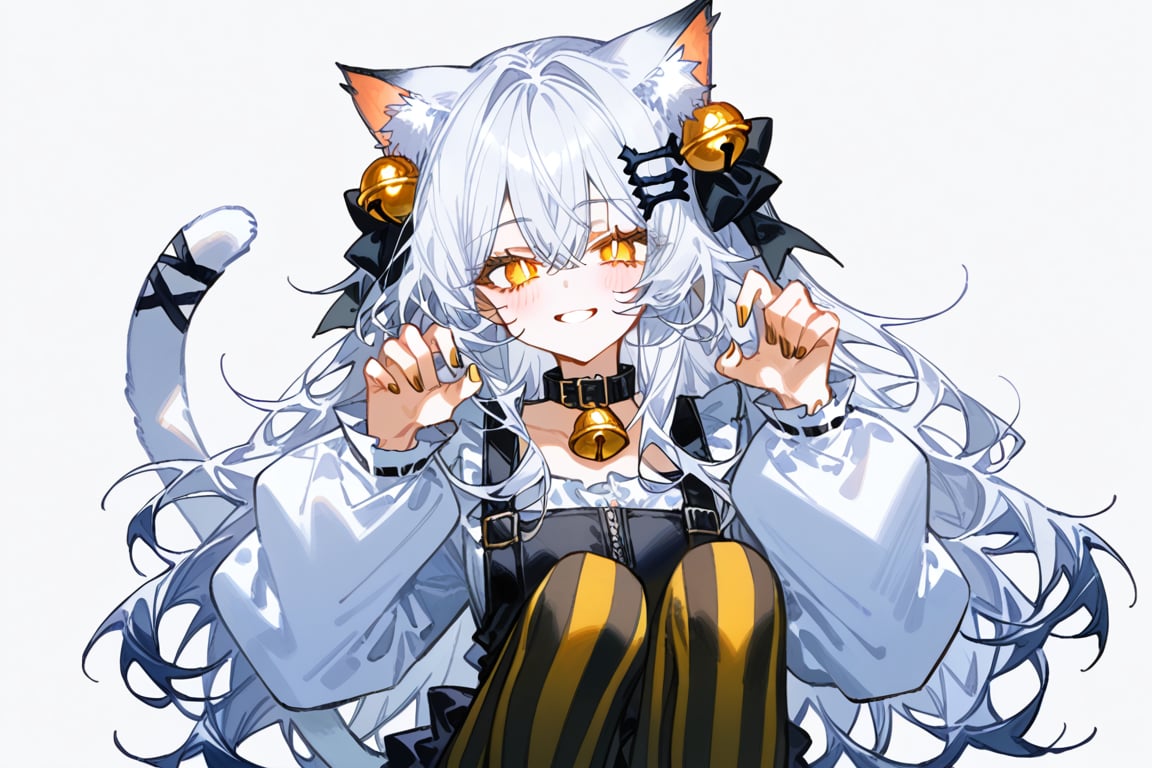 artist：quasarcake, ciloranko,betabeet, 1girl, catgirl, solo, long hair,looking at viewer, bangs,hair ornament(fish bone), animal ears, hair between eyes, cat tail, yellow slit eyes, white hair, silver hair, cat bell collar, cat ears, fingernails, fashion, animal ear fluff, slit pupils, gorgerous, cute, delicated eyes, simple background, source_anime,sagawa, score_9,score_8_up,score_7_up,striped thighhighs, vertical stripes, puffy long sleeves, leg up,Balance Pose I, blush, awkward smile, 