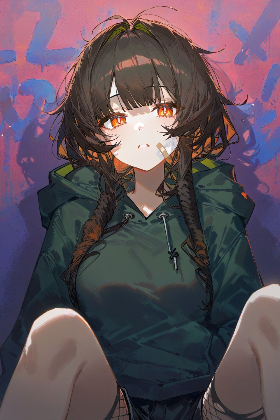 1girl, solo, long_hair,illustration,high definition, masterpiece,hair strand,best quality,betabeet, ciloranko, rurudo,  solo,dark vibe, best quality, illustration, gorgerous, delicated eyes, best quality, masterpeice, delicate face, detailed orange eyes, source_anime, jima, look at viewer, gorgeous, masterpiece,[artist:qUASARCAKE,ciloRanko],  dark brown hair,looking at viewer, bangs, dark-brown hair, messy hair, graffiti, looking at viewer, bangs, red coiled eyes, red eyes, ((coiled pupils)) confused, cowboy shot, ((torn, dark olive-green hoodie)), black shorts, fishnet pantyhose, bandaid on face and leg, simple background,ach-ciloranko,chromatic aberration, colors saturation, bandaids on face, knees up, sits, pov, (holding spray cans)