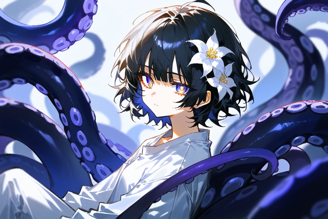 artist：quasarcake,dino_（dinoartforame）, 1girl, solo, long hair,looking at viewer, bangs,1girl, solo, looking at viewer, short hair, bangs, shirt, black hair, messy hair, hair ornament, long sleeves, oversized white clothes,closed mouth, white shirt, upper body, many flowers, hair flower, grey eyes, expressionless, white flower, （many purple tentacles,blue tentacles,）gorgerous, cute, delicated eyes, upper body, source_anime, background blurry,depth of field,from side, sitting, 