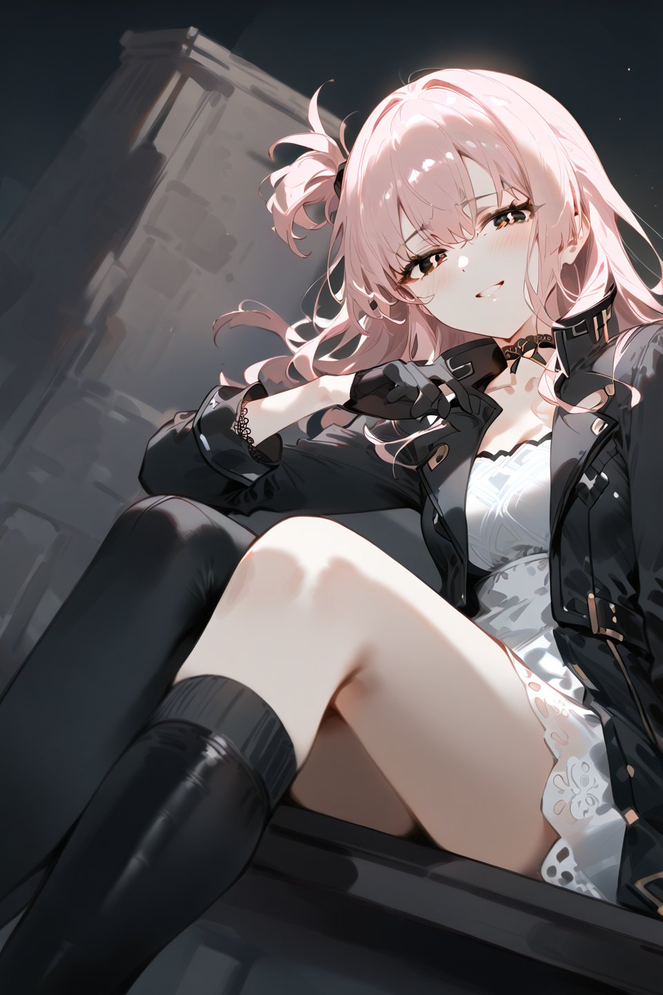 1girl, solo, illustration, high definition, masterpiece, dark theme, gorgerous, delicated eyes, delicate face,  source_anime, illustration, delicated features, 1girl, solo, long hair, looking at viewer, blush, open mouth, bangs, gloves, long sleeves, white Lace dress, hair between eyes, sitting, collarbone, leather jacket, pink hair, open clothes, choker, black gloves, socks, dark eyes, black eyes, black footwear, white dress, open jacket, black jacket, book, one side up, black choker, short dress, Cutout dress,single glove, simple background,DinoArtStyle, from below, smirk, bad smile