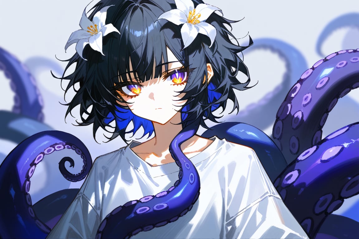 artist：quasarcake,dino_（dinoartforame）, 1girl, solo, long hair,looking at viewer, bangs,1girl, solo, looking at viewer, short hair, bangs, shirt, black hair, messy hair, hair ornament, long sleeves, oversized white clothes,closed mouth, white shirt, upper body, many flowers, hair flower, grey eyes, expressionless, white flower, （many purple tentacles,blue tentacles,）gorgerous, cute, delicated eyes, upper body, source_anime, background blurry,depth of field