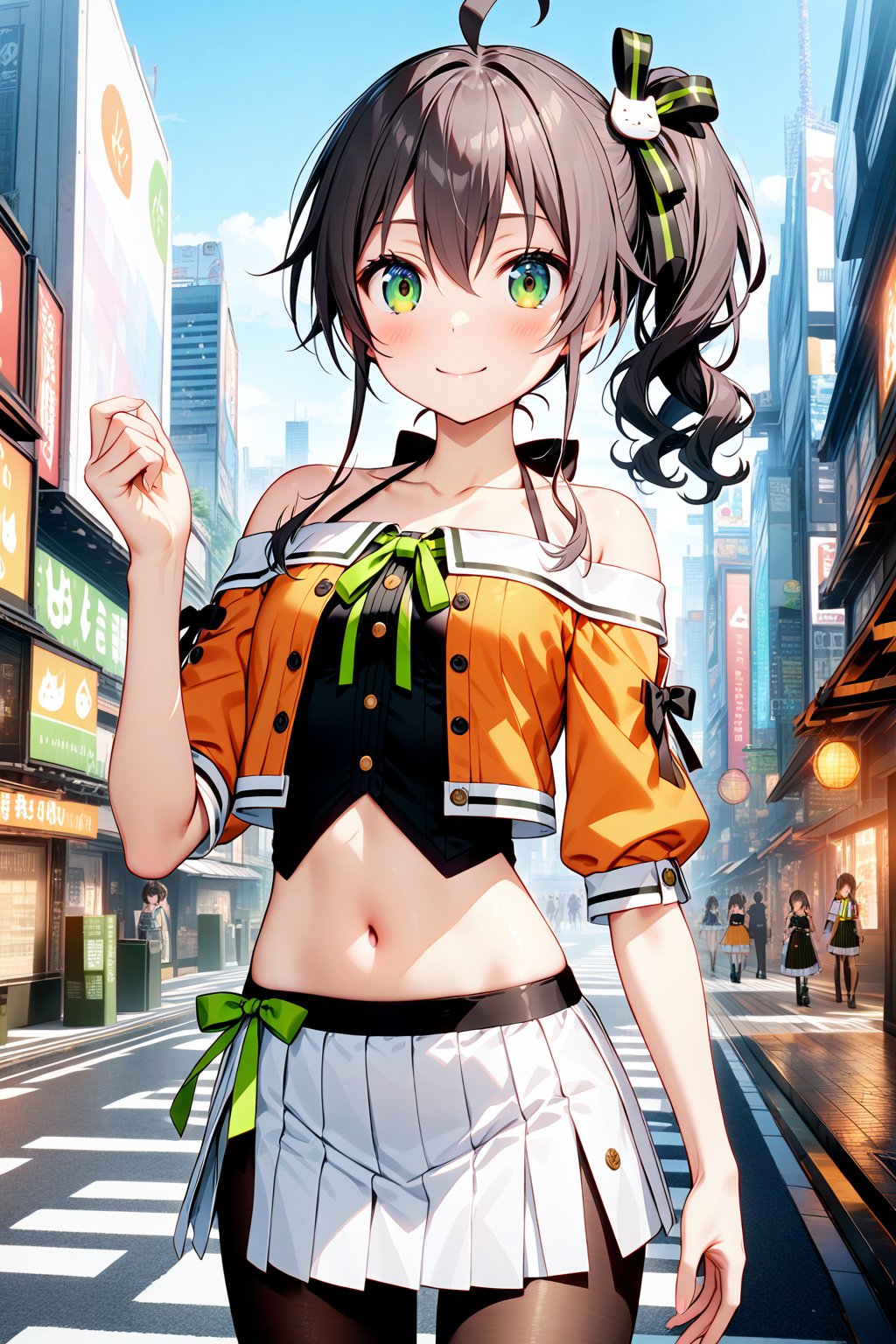 masterpiece, sharpness, high quality, perfect anatomy, highres, unity 8k wallpaper, ultra detailed eyes, super detailed skin, detailed skin, 4k, detailed hair, detailed beautiful eyes, 2.5D, 2D, detailed hands, detailed finger, 4 finger, thumb, Natsuiro Matsuri, namatsuri, small chest, cyan eyes, medium hair, side ponytail, ahoge, hair between eyes, bangs, cat hair ornament, black ribbon, neck ribbon, green ribbon, cropped jacket, orange jacket, off-shoulder jacket, short sleeves, halterneck, camisole, black camisole, pinstripe pattern, navel, white skirt, side slit, pantyhose, black pantyhose, boots, white footwear, smile, outdoors, blue sky, tokyo city architecture,