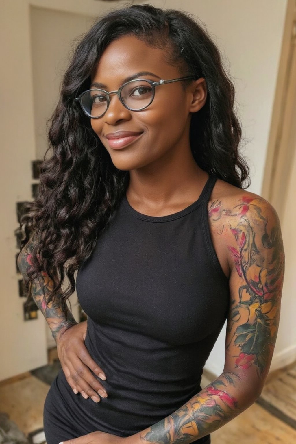 Full-body Photograph of a 30yo African woman with very long wavy hair.
She has a cute round face, wears glasses and smiles.
She wears a tight fitted elegant short sheaths dress that clings to her slender body. 
Her left arm is covered in a tattoo sleeve that shows vines in intense vibrant colors and Details. 