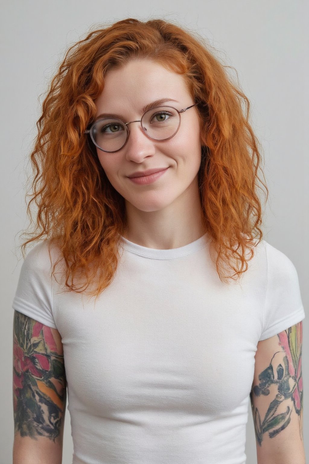 Photograph of a 30yo nordic woman with very long curly vibrant copper hair.
She has a cute round face, wears glasses and smiles.
She wears a tight fitted short-sleeved t-shirt made from smooth stretch fabric that clings to her slender body.
Her left arm is covered in a tattoo sleeve that shows vines in intense vibrant colors and Details. 