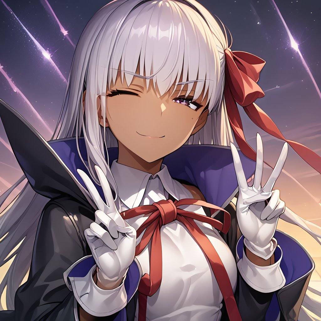 wink　peace sign,best quality:1.2),newest, ai-generated,intricate,score_9, score_8_up, score_7_up,hand job,,game cg
, bbswimst3, dark skin, hair ribbon, black coat, open coat, popped collar, white leotard, neck ribbon, white gloves