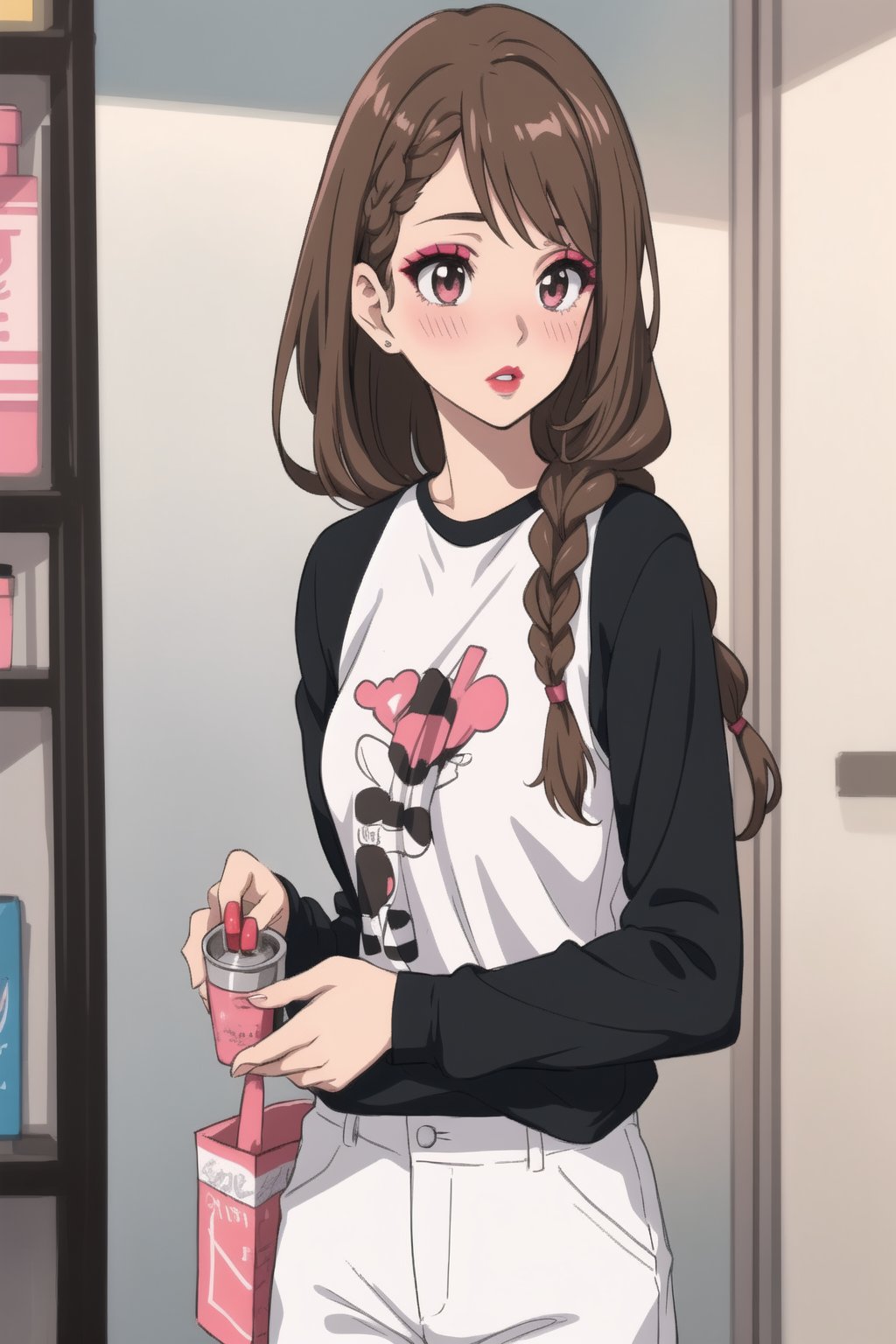 1girl,, anime red_eyes, ,eyeshadow, brown_hair, makeup ,long_hair, lipstick ,blush ,braided_hair, female, light-skinned_female , black shirt, white trouser
