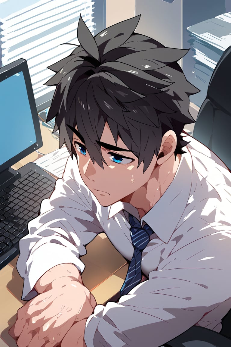 Prompt: Prompt: score_9, score_8_up, score_7_up, score_6_up, score_5_up, score_4_up, source_anime, 1boy, male focus, solo, Expressiveh, BREAK, facing viewer, ,Tomoki_Full_Service, black hair, hair between eyes, blue eyes, short hair, office worker, working on computer, tired, in office,shirt, office staff shirt, man, Tomoki_nakamoto, tired of piles of documents
