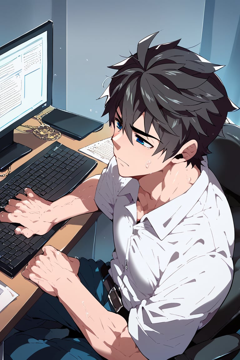 Prompt: Prompt: score_9, score_8_up, score_7_up, score_6_up, score_5_up, score_4_up, source_anime, 1boy, male focus, solo, Expressiveh, BREAK, facing viewer, ,Tomoki_Full_Service, black hair, hair between eyes, blue eyes, short hair, office worker, working on computer, tired, in office,shirt, office staff shirt, man, Tomoki_nakamoto, tired of piles of documents
